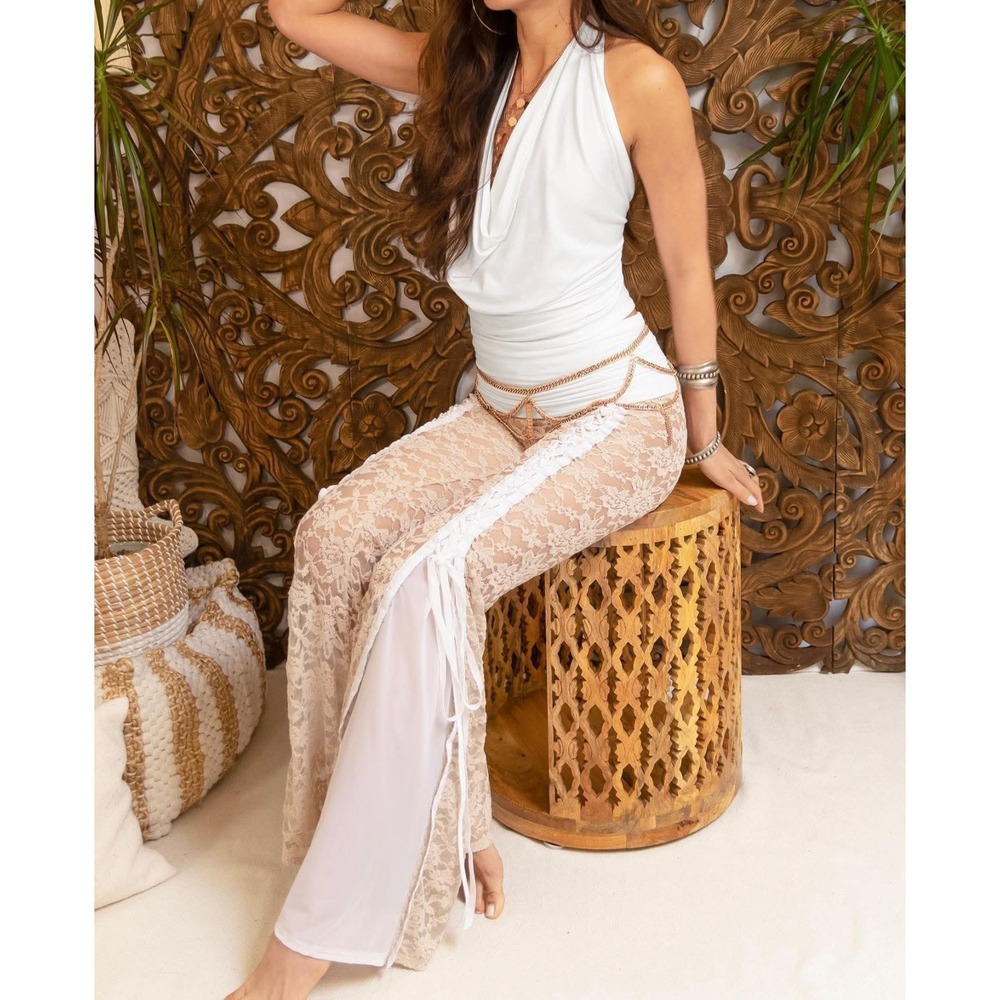 Temple Ro Hendrix Flared Leg Lace High Waist Pants Size Medium Tan White 27X32
